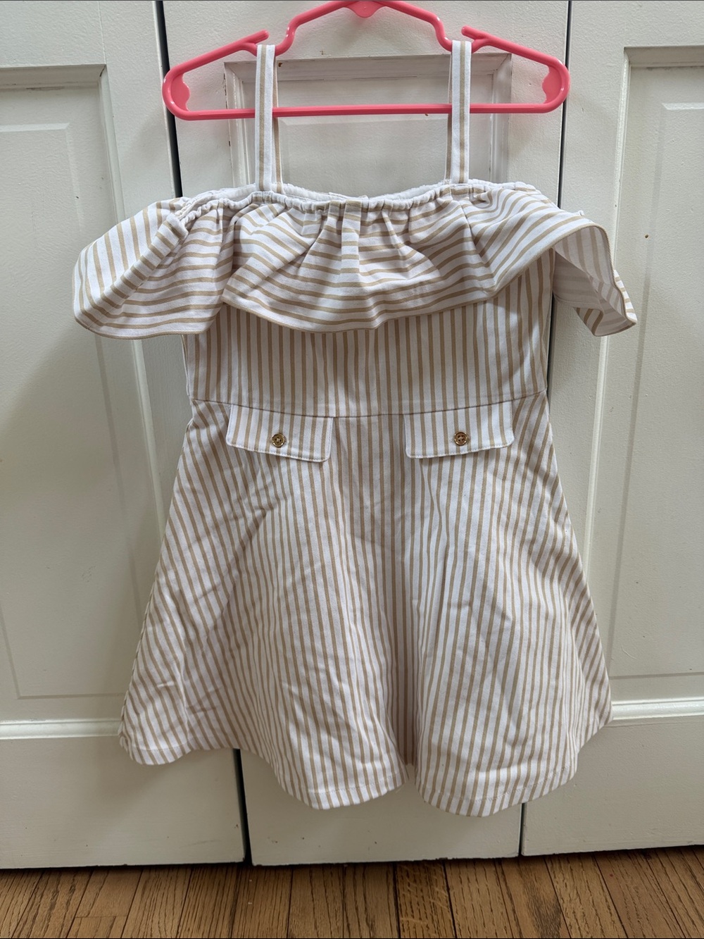 Janie and Jack Beige and White Striped Off-Shoulder Dress